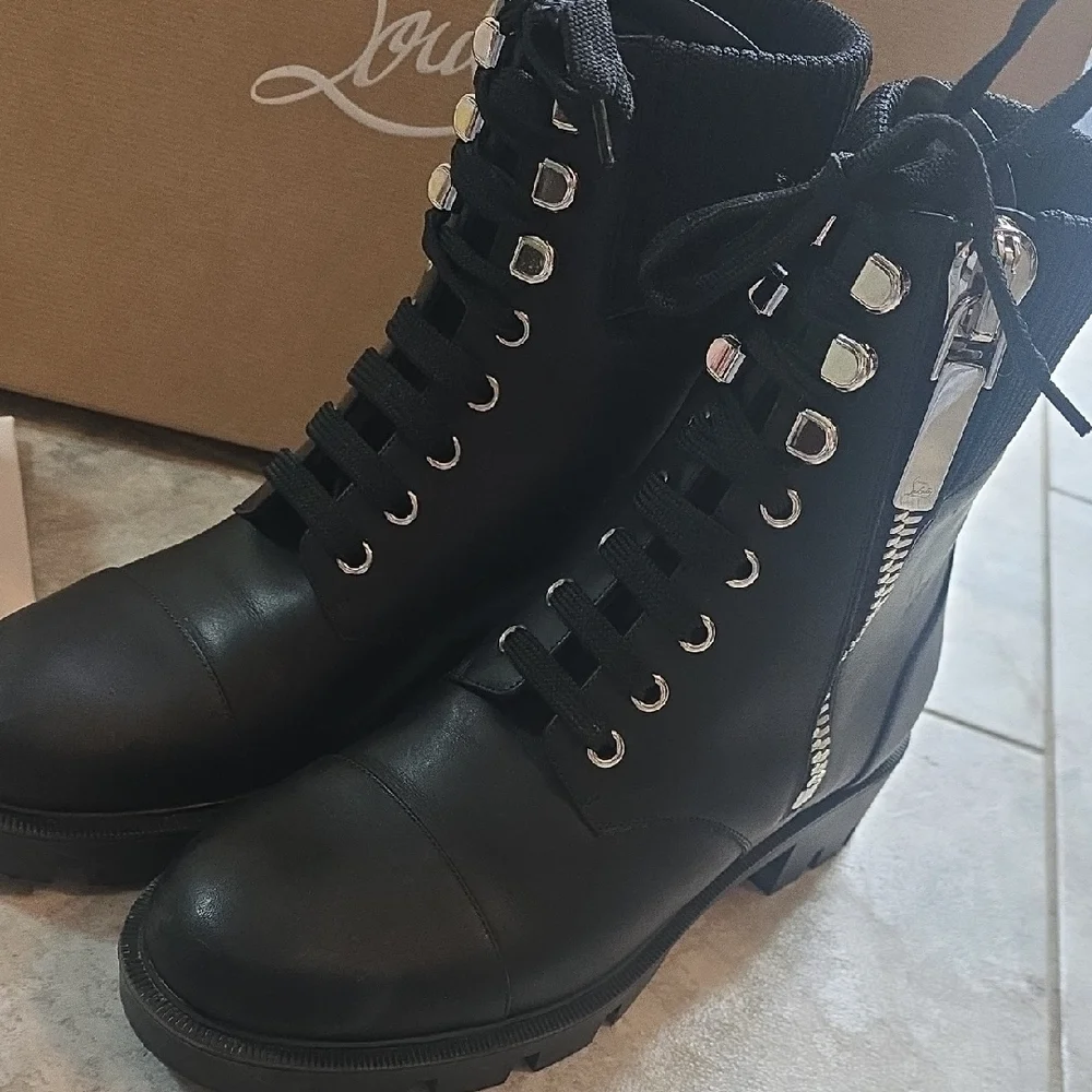 Christian Louboutin Black Combat Boots with Silver Accents - Picture 4 of 11